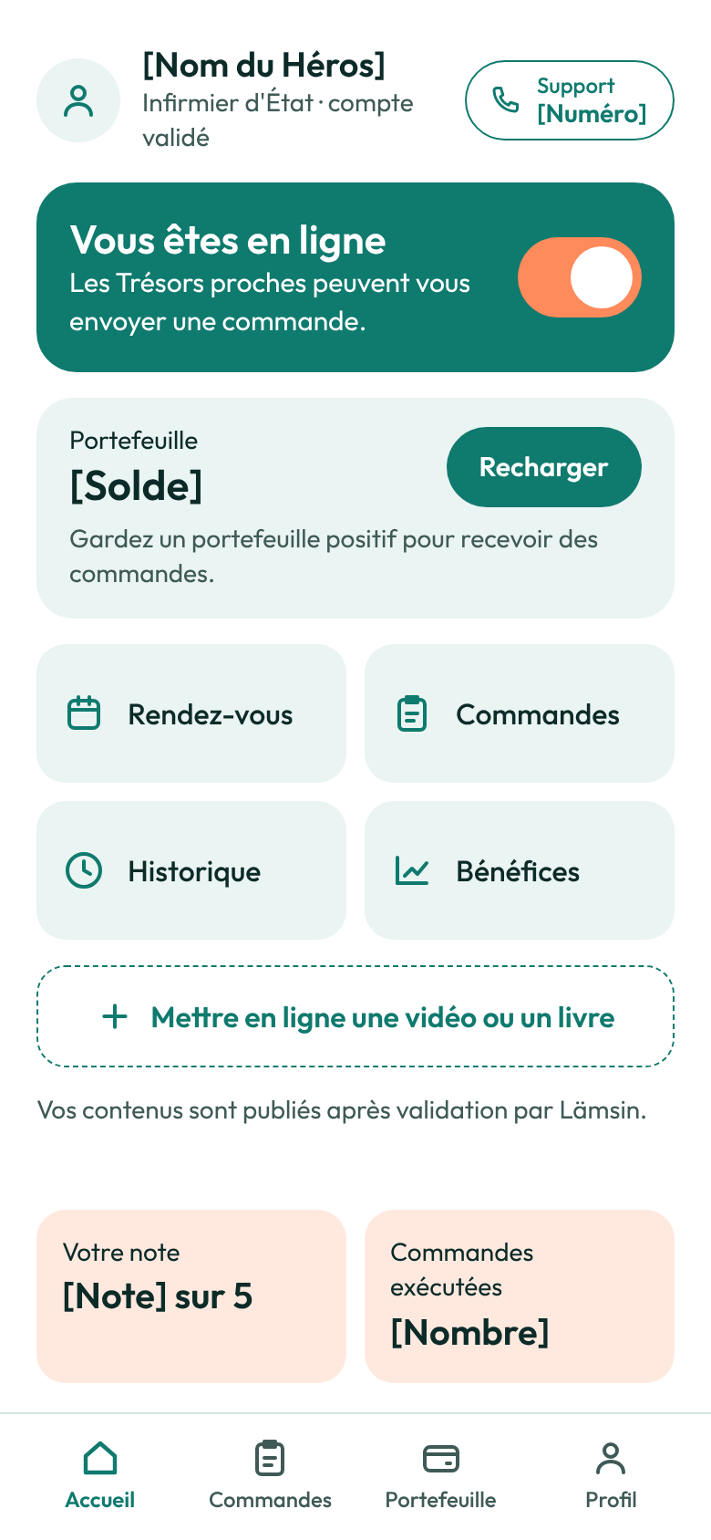 Écran de l'application Lämsin : l'accueil du soignant en ligne, avec son portefeuille et ses commandes.