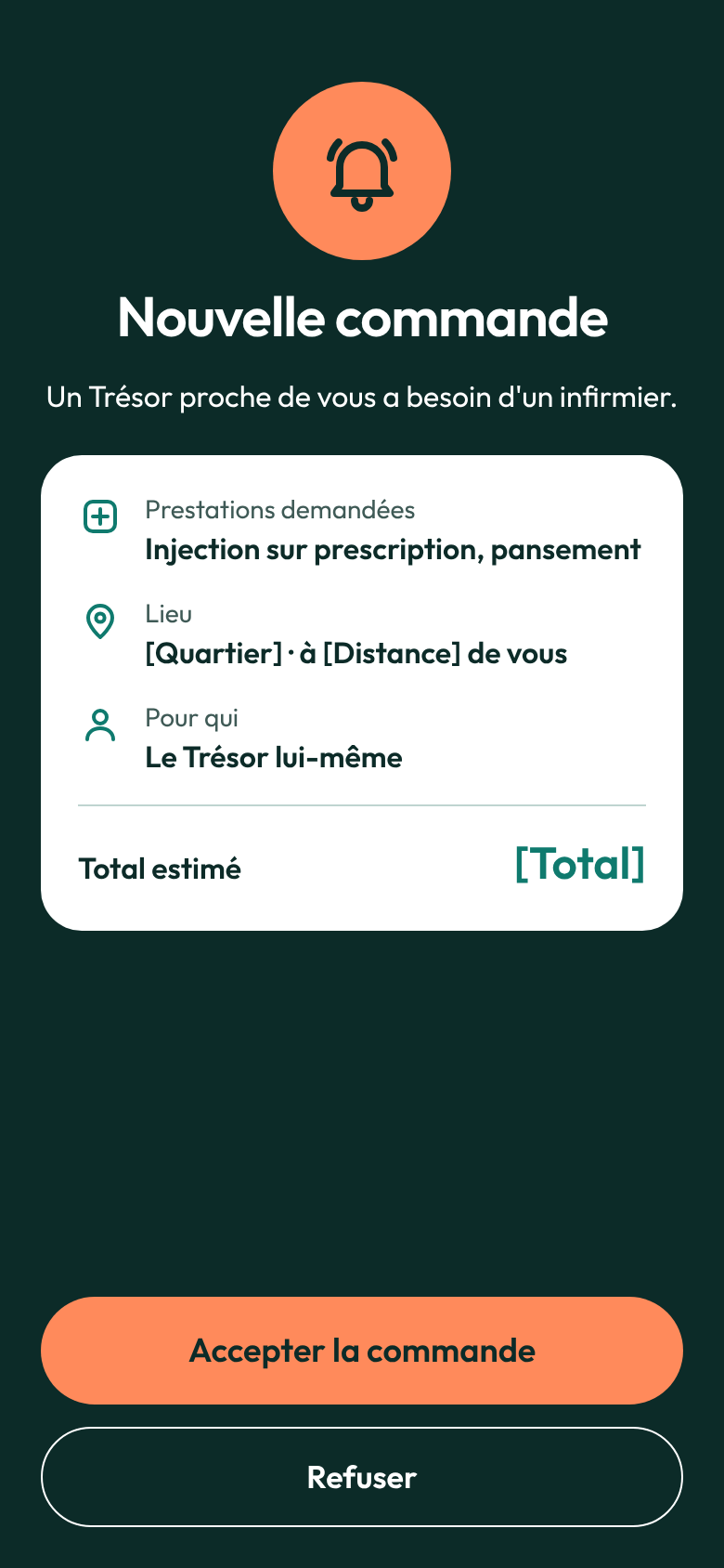 Écran de l'application Lämsin : une nouvelle commande, avec les soins demandés, le quartier et la distance, à accepter ou à refuser.