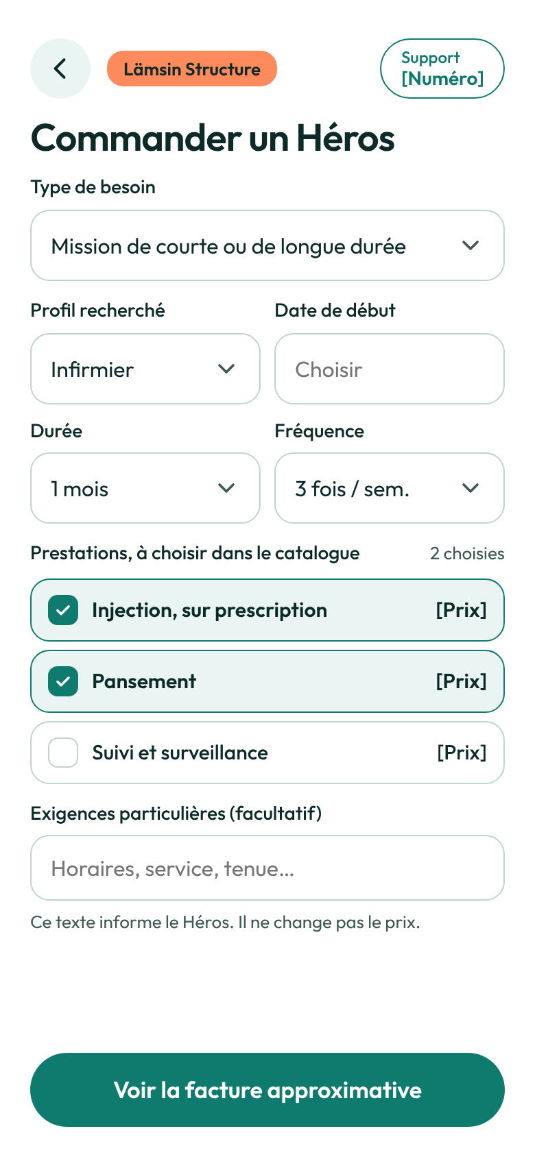 Écran de l'application Lämsin, espace des Structures : commander un Héros pour une mission, avec le profil, la durée, la fréquence et les prestations choisies dans le catalogue.