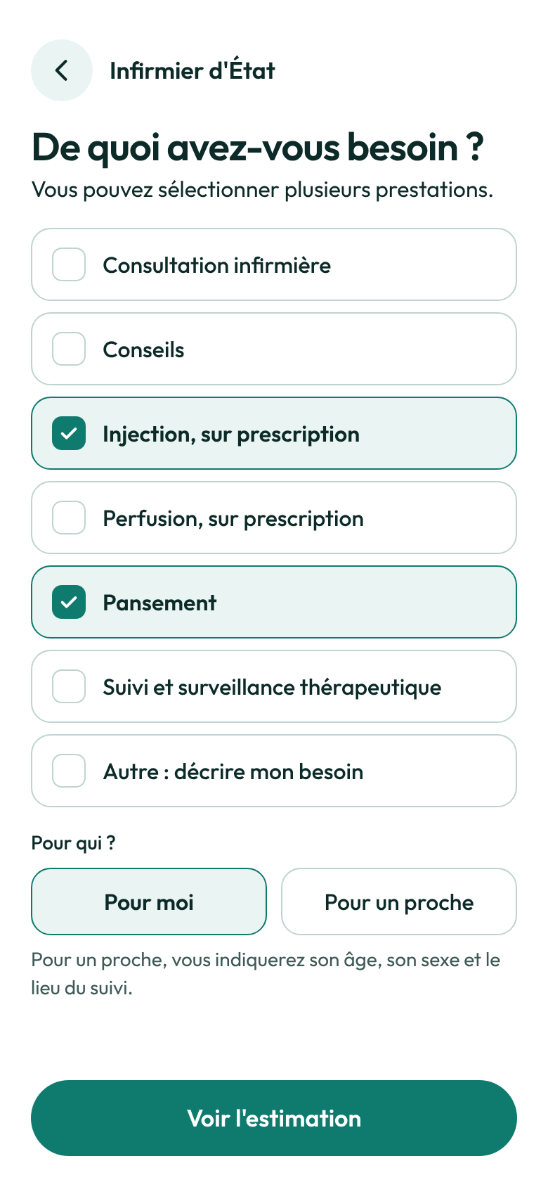Écran de l'application : la liste des soins, où l'on coche ceux dont on a besoin.