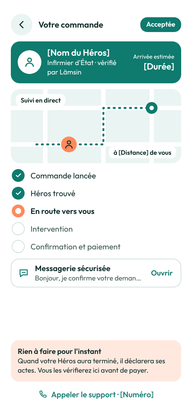 Écran de l'application Lämsin : le suivi d'une commande, avec le soignant en route sur la carte.