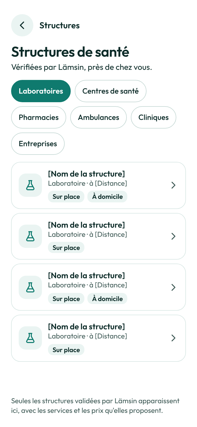 Écran de l'application Lämsin : les structures de santé vérifiées près de chez soi, rangées par type.